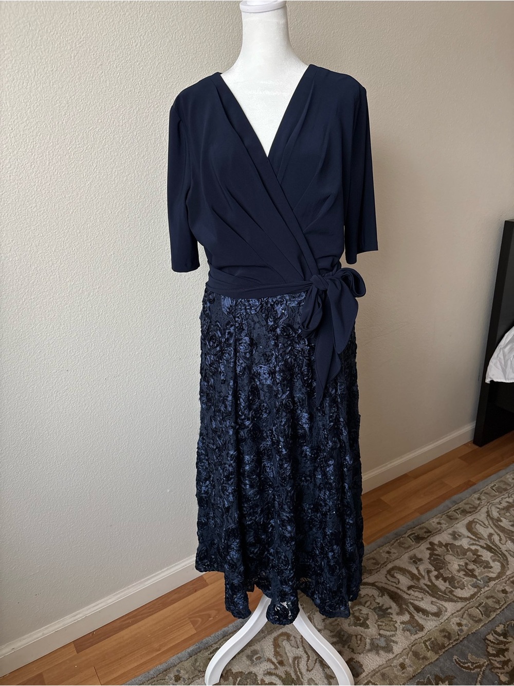 Alex Evenings Navy Wrap Maxi Skirt Dress with Textured Floral Skirt